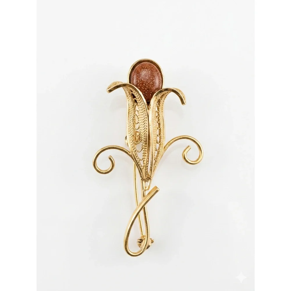 Vintage Gold Filigree Goldstone Calla Lily Floral Brooch Pin